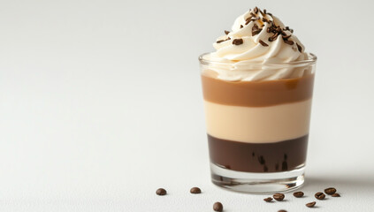 Layered espresso and cream in a shot glass on a white background