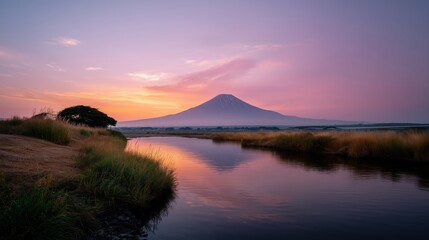 Colorful summer sunset with Mount Fuji in background