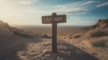 Lost Hope Sign in Arid Desert Landscape Represents Despair and Loneliness at Crossroads in Life