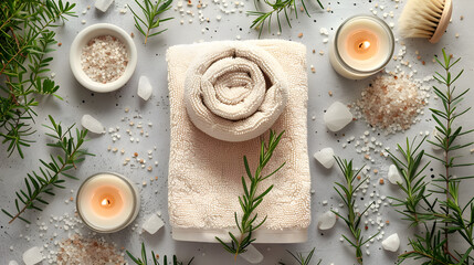 Flatlay of Spa Essentials: Bathrobe Candle and Salt, in high resolution clean minimal style stock photo illustration background image ideal for templates advertisements and web banners showcasing mode