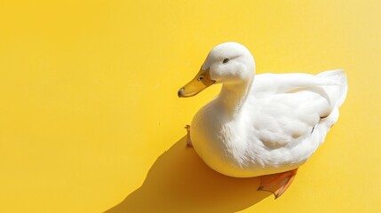 White duck sitting on vibrant yellow surface, clean and modern, minimal shadows