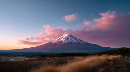 Mount Fuji glowing in orange and magenta sunset