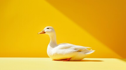White duck sitting on vibrant yellow surface, clean and modern, minimal shadows