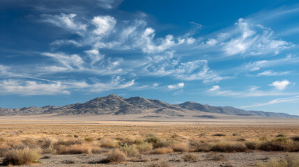 Fototapeta premium **Expansive gray desert landscape under a bright blue sky, highlighting the vastness of nature