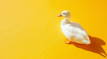 White duck sitting on vibrant yellow surface, clean and modern, minimal shadows