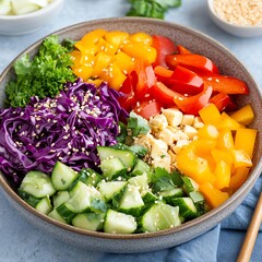 Summer Salads crisp dressing Vibrant salad bowl featuring colorful vegetables and sesame seeds.