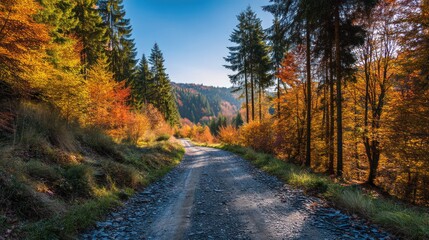 Gravel road stretching into a forest during autumn