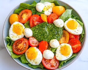 Summer Salads crisp dressing Vibrant salad featuring eggs, tomatoes, mozzarella, and fresh greens in a rustic bowl.