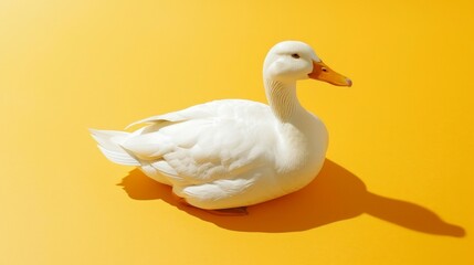 White duck sitting on vibrant yellow surface, clean and modern, minimal shadows