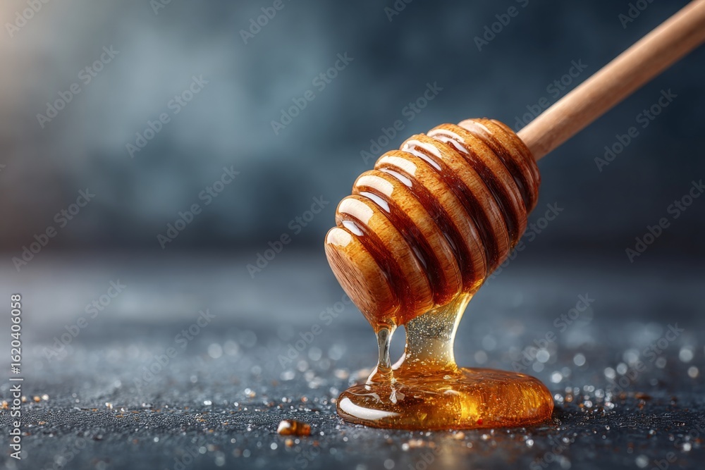 Aufkleber golden honey dripping from a wooden dipper on a dark background with soft lighting creating a warm a