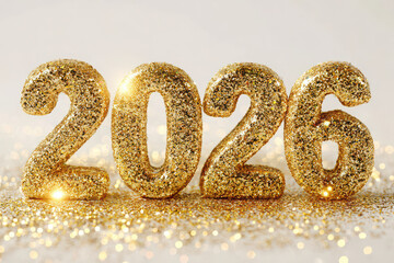 2026 golden glitter number with sparkling festive background