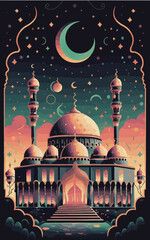 illustrations vector icon collection of Ramadan Islamic symbols items and a mosque.

