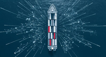 Cargo Ship with Containers Navigating Open Ocean Surrounded by Digital Network Data Streams