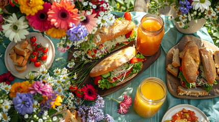 Flatlay of Spring Picnic: Sandwiches Juice and Flowers, in high resolution clean minimal style stock photo illustration background image ideal for templates advertisements and web banners showcasing m