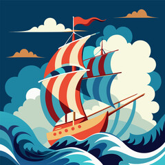Sail ship riding a high wave