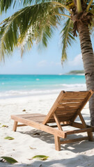Obraz premium Close-up of wooden sun lounger under palm tree shade on white sand beach with turquoise water.