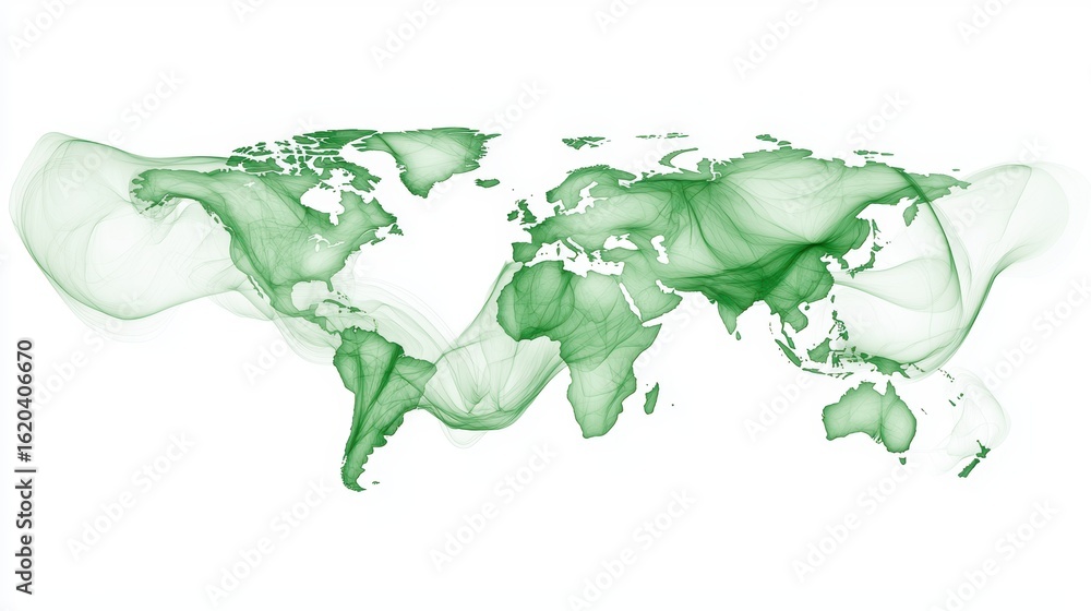 Poster abstract green world map with flowing patterns representing global connectivity and ecology