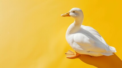 White duck sitting on vibrant yellow surface, clean and modern, minimal shadows