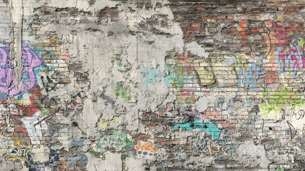 Naklejka premium Grungy brick wall with vibrant graffiti art, perfect for urban design projects and modern creative backdrops