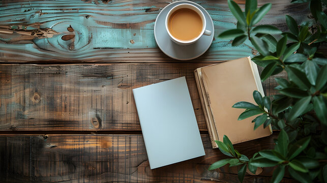Flatlay of Stationery and Coffee on Rustic Wooden Table, in high resolution clean minimal style stock photo illustration background image ideal for templates advertisements and web banners showcasinga