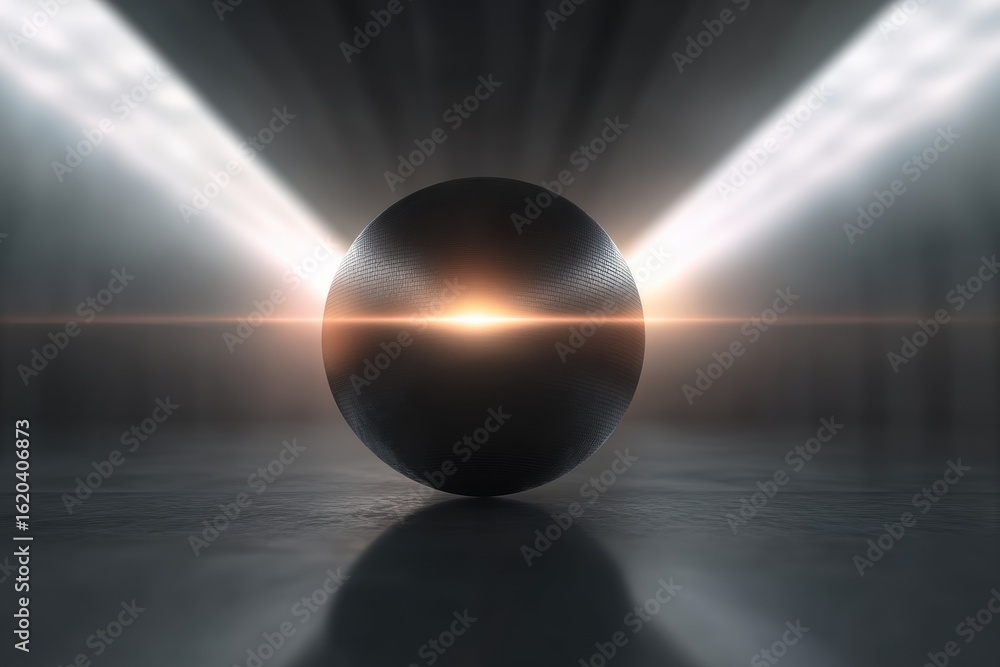 Poster futuristic dark sphere with glowing light rays in an abstract environment