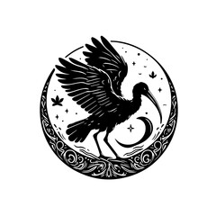 Black Ibis Bird with Crescent Moon and Stars.