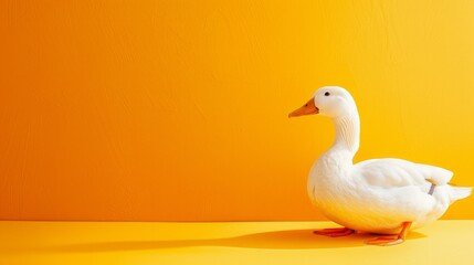 White duck sitting on vibrant yellow surface, clean and modern, minimal shadows