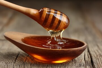 Golden honey dripping from a wooden spoon into a small wooden dish on a rustic table