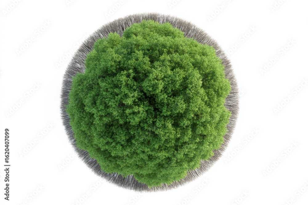 Poster lush green tree top view with unique circular shape and texture against white background