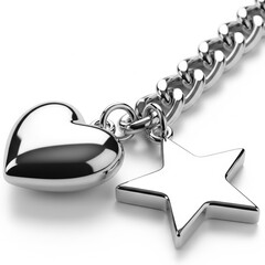 Shiny silver keychain with heart and star charms, realistic metal texture, elegant reflections, minimalist composition on a pure white background. Premium photorealistic quality.