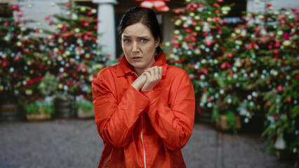 Woman in orange prison jumpsuit stands in a festive christmas market with decorated trees,...