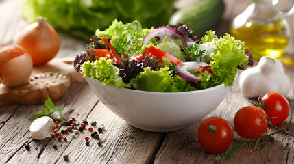 **Fresh green salad in a white bowl with ingredients on a wooden board