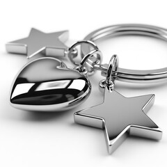Shiny silver keychain with heart and star charms, realistic metal texture, elegant reflections, minimalist composition on a pure white background. Premium photorealistic quality.