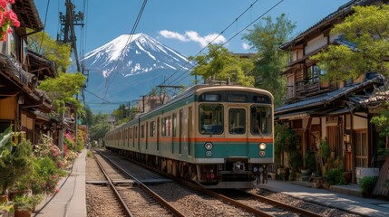 Japanese Landscape with Train and Traditional Homes