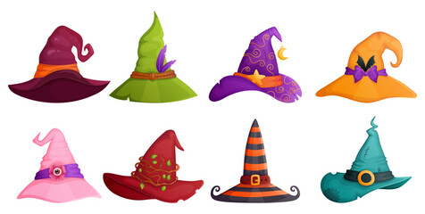 Witch hat cartoon set for Halloween. Magic accessory collection isolated on white background. Party invitation, banner, poster design elements.