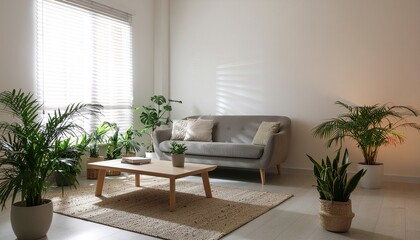 Fototapeta premium A modern living room interior filled with an abundance of healthy, thriving houseplants, blending nature and home