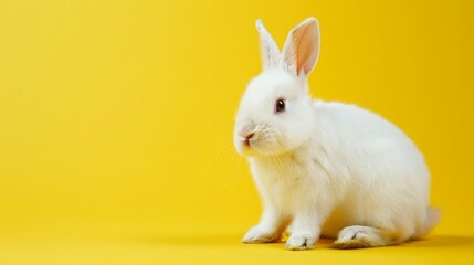 White rabbit sitting on yellow background, soft fur texture, clean modern composition