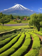 Green Tea Rows Leading to Mount Fuji in Japan