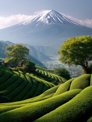 Japanese Tea Farm with Mount Fuji in Clear Weather