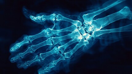 Create an image of an X-ray in shades of blue, showing visible hand bone details. The image should include multiple overlapping or stacked X-rays, with soft lighting effects and a slightly blurred loo