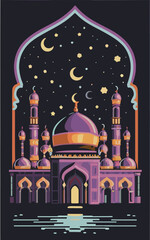 illustrations vector icon collection of Ramadan Islamic symbols items and a mosque.
