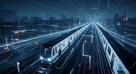 Futuristic Modern Subway Train Moving Through Digital Cityscape at Night