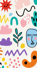 Vertical abstract pattern with colorful hand-drawn doodle shapes, naive art faces, and matisse style elements on a cream background