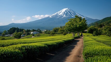 Japanese Countryside with Tea Fields and Mount Fuji