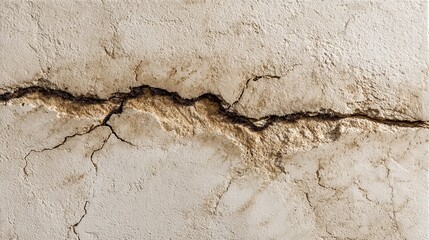Close-up of cracks in an aged travertine wall, showcasing natural texture and weathered appearance, with old stone and new concrete contrast highlighted by the cracked surface.