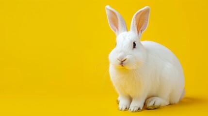 White rabbit sitting on yellow background, soft fur texture, clean modern composition