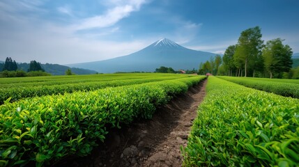 Mount Fuji and Lush Green Tea Fields in Summer