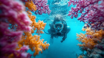 Scuba Diver Swimming Among Vibrant Coral Reefs in Clear Tropical Ocean, Underwater Adventure and Marine Life
