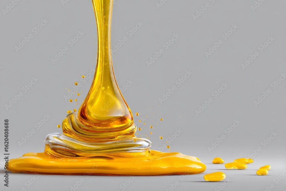 Poster golden syrup drips elegantly onto a smooth surface creating a glossy puddle in a minimalist setting