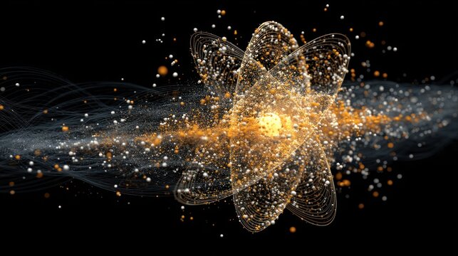 Split atom emitting energy and particles in motion